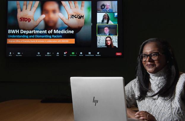 Normella Walker leads a virtual antiracism training for DOM faculty. (Brigham Magazine, Photo by Stu Rosner)